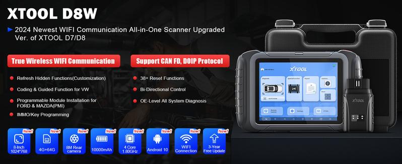 XTOOL D8W Bi-directional Wireless Scanner 3-Year Free Updates, ECU Coding, 38+ Resets & Full Diagnostics Programmer via Wi-Fi