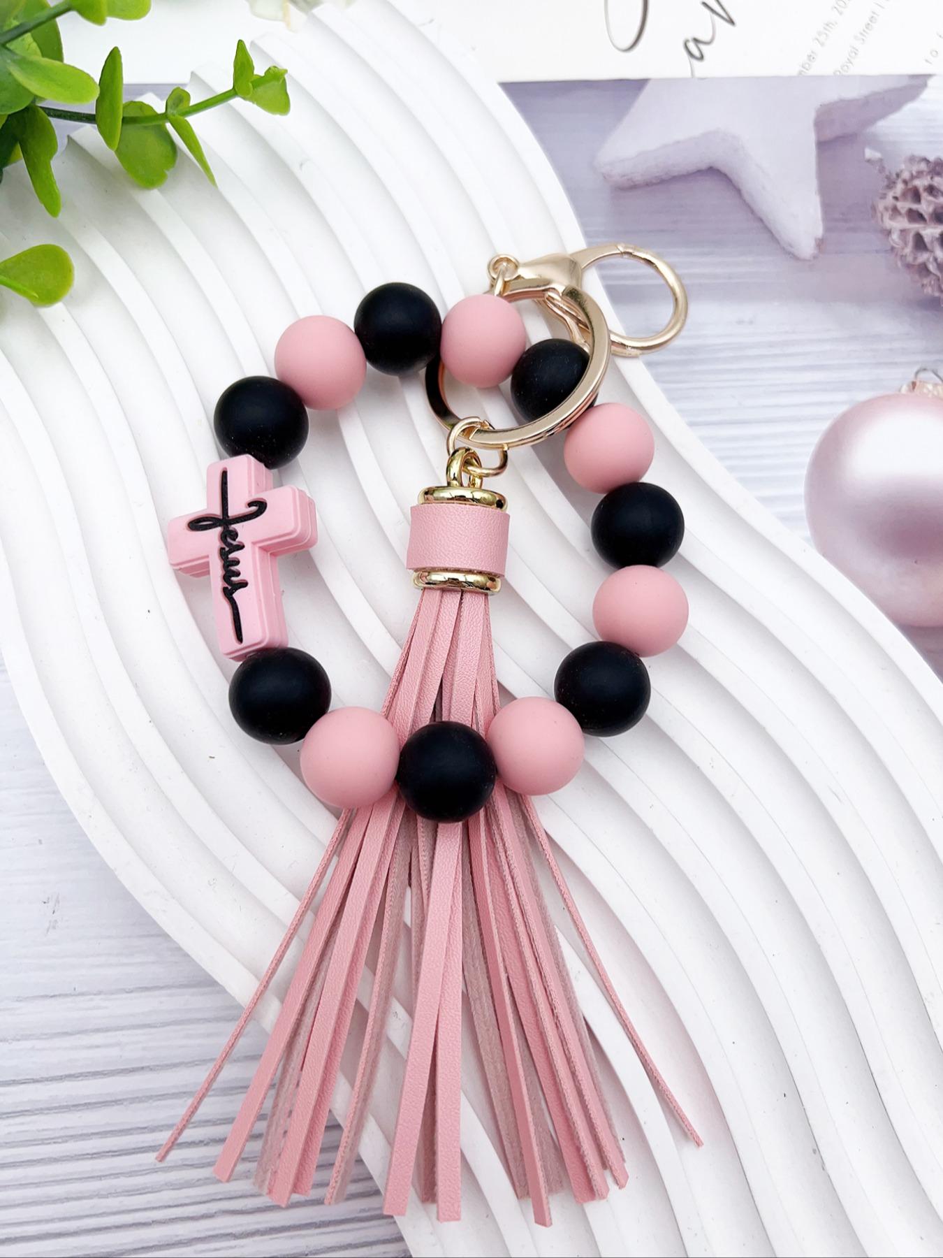 1 Piece Leopard Pattern Tassel Decor Beaded Keychain, Trendy Cute Jewelry for Women & Men, Fashion Accessories, Perfect Gift for Friends