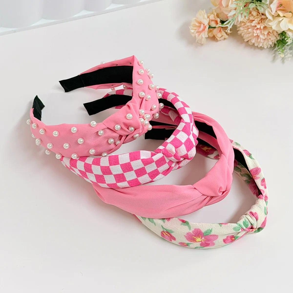 Fabric Hair Bands Wide Edge Sweet Elegant Valentine's Day Hair Accessories New Pink System Pearl Checkerboard Flowers