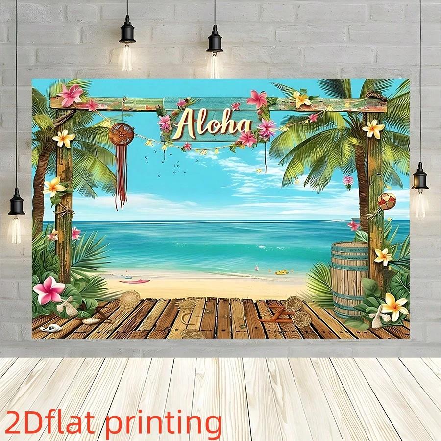 2D Flat Aloha Hawaii Beach Decorative Backdrop 1 Pack Polyester Material Tropical Palm Flower Seaside Party Banner Summer Beach Themed Photo Hanging Cloth Luau Party Atmosphere Curtain Reusable Waterproof Decorative Supplies