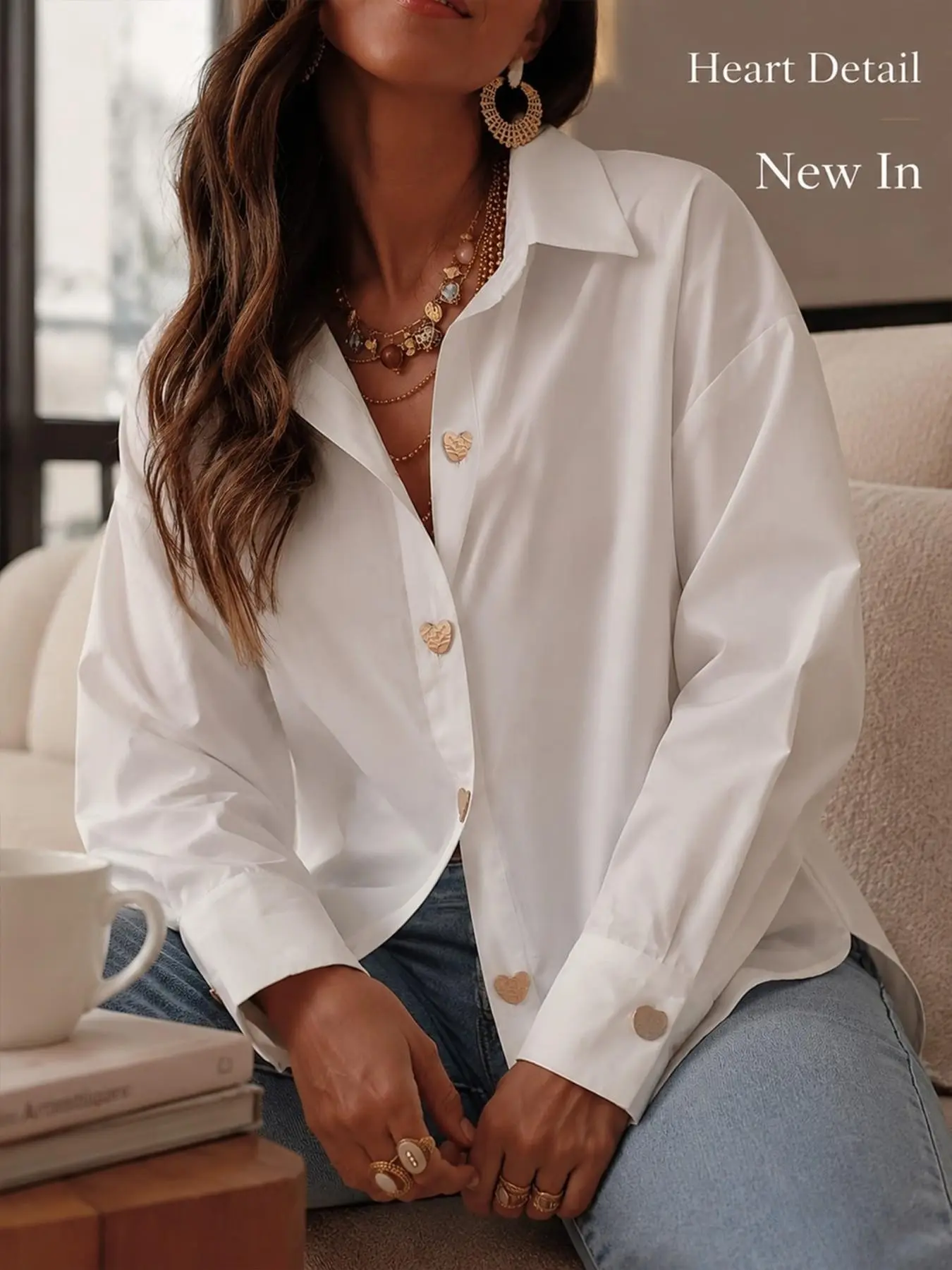 Women's Fashion Solid Heart Button Long Sleeve Shirt, Loose Fit Slimming Blazer, Versatile Office Top, Unique Design Layering Dress
