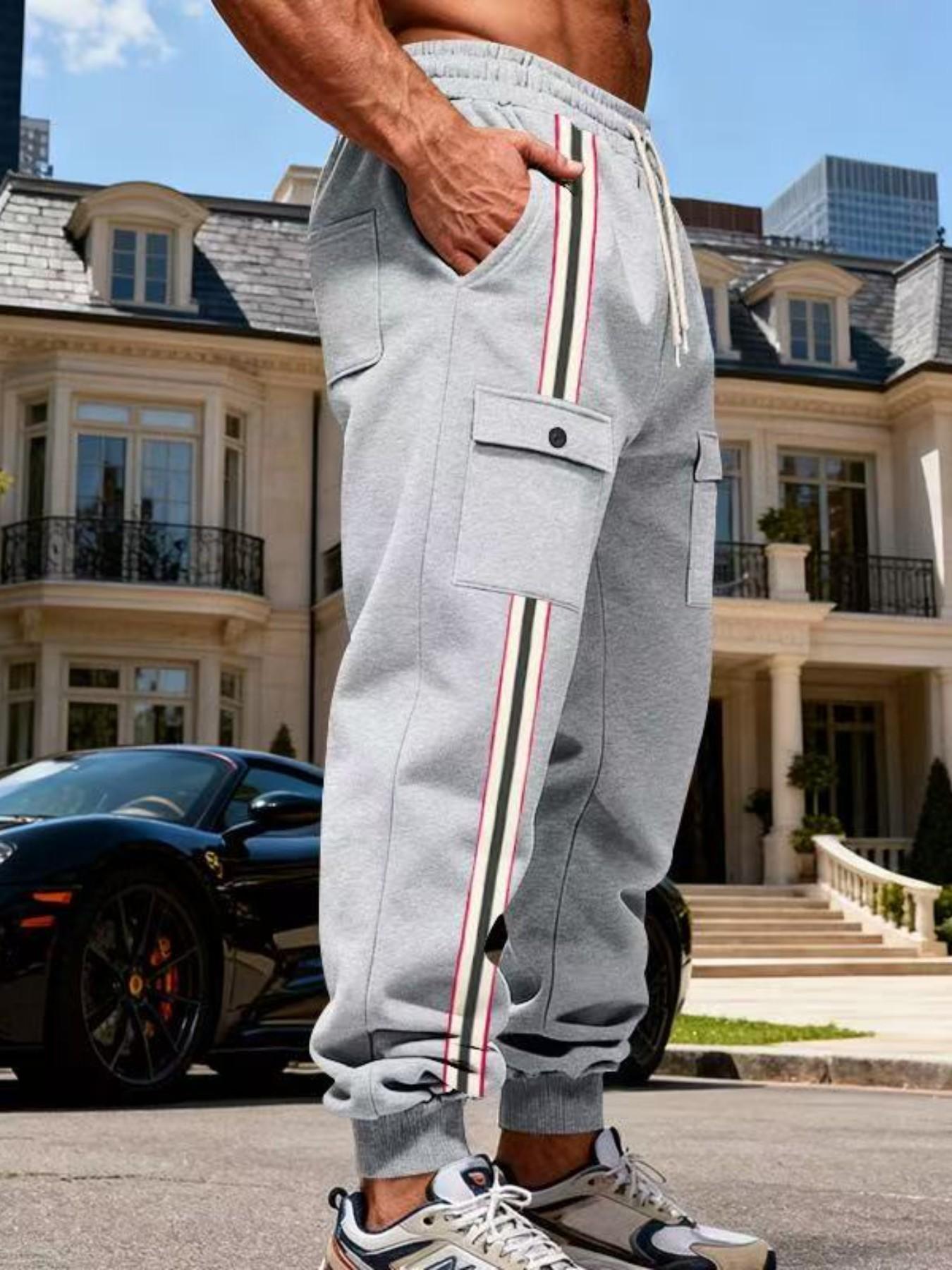 Men's Striped Cargo Jogger Pants, Casual Drawstring Waist Sweatpants, Flap Pockets, Streetwear Track Pants for Men, Comfortable and Stylish