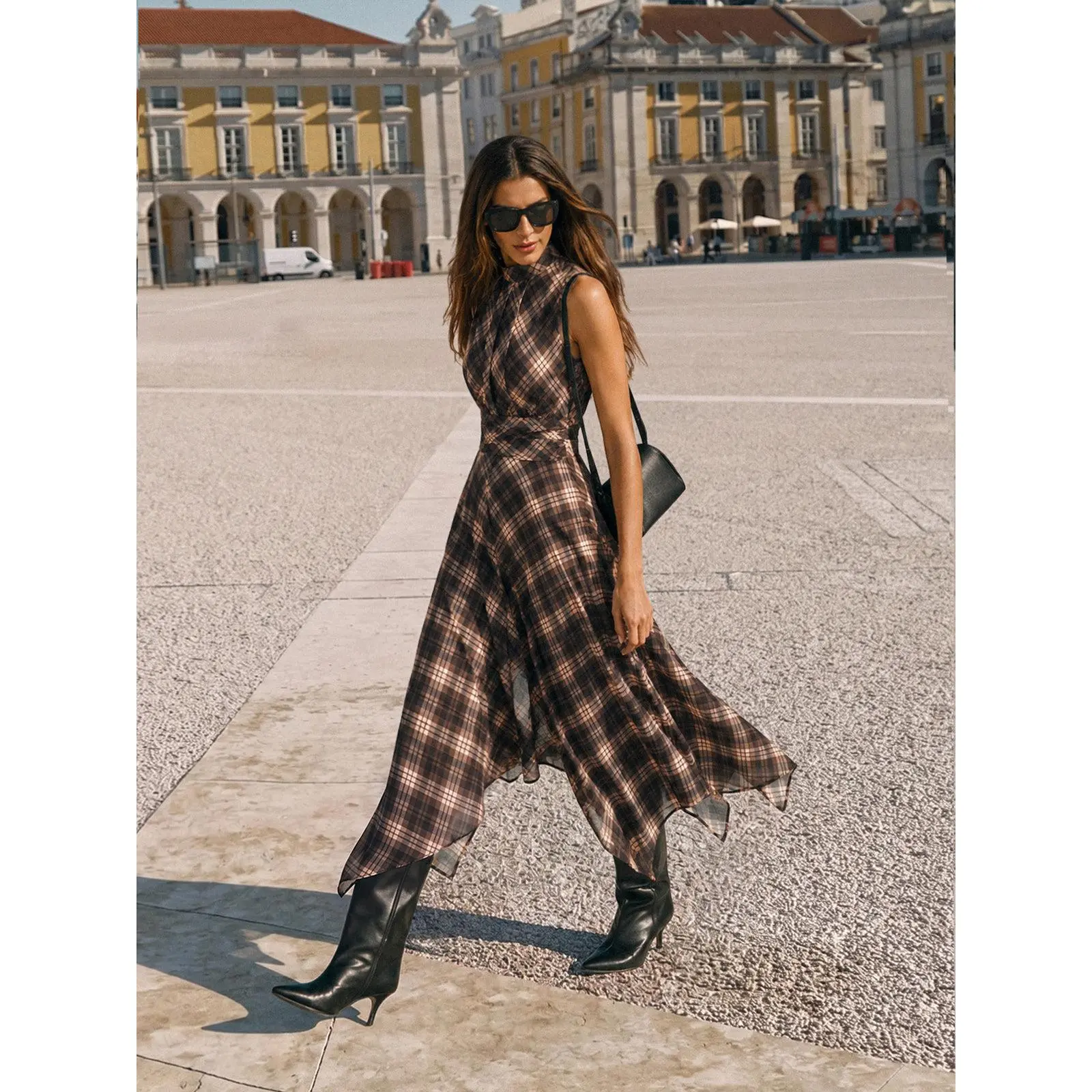 COMMENSE Women's Chic Casual Plaid Checkered Style Sleeveless Asymmetric Chiffon Dress, Women's Dresses