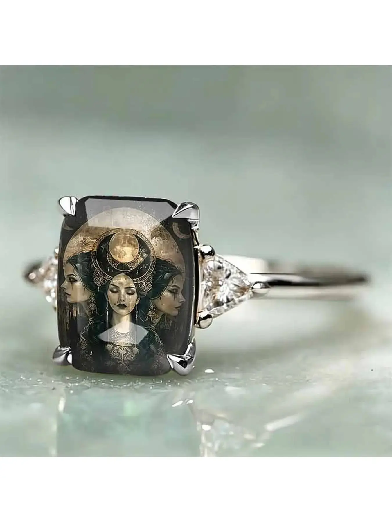Triphasic Moon Goddess Hecate Embroidered Square Copper Statement Ring - Enigmatic Witch Dark Retro Illustration Ring - Occult Witchcraft Subculture Mystical Style Women's Atmosphere-Enhancing Decorative Ring - Mystical Meaningful Jewelry Copper Rings