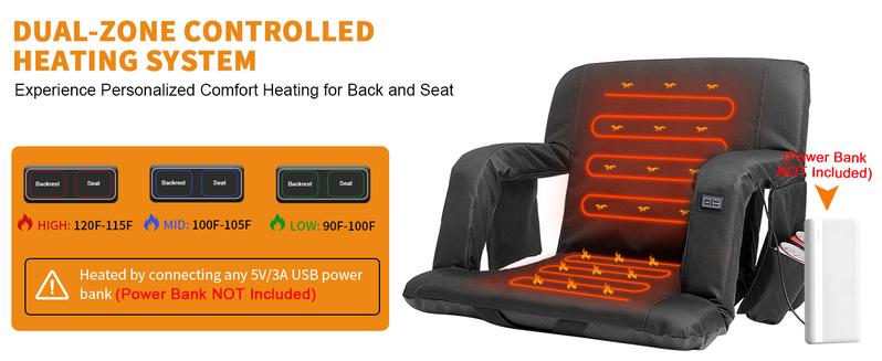 Lilypelle Double Heated Stadium Seat Bleacher Seat with Back & Arm Support, Portable 6 Reclinng Positions Stadium Seating for Bleachers, Bleacher Seats for Sports Events, Outing, Travelling, Hiking