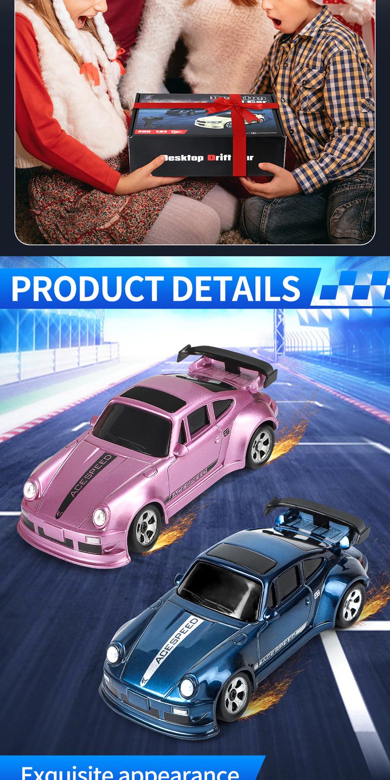 Hotfree 1/64 Mini RC Drift Car, 4WD High-Speed Full-Proportional Remote Control Sports Car with Steering Servo, LED Lights, USB Rechargeable, Desktop Entertainment Toy, Fun Birthday Christmas Gift for Kids Boys Portable Exquisite Details