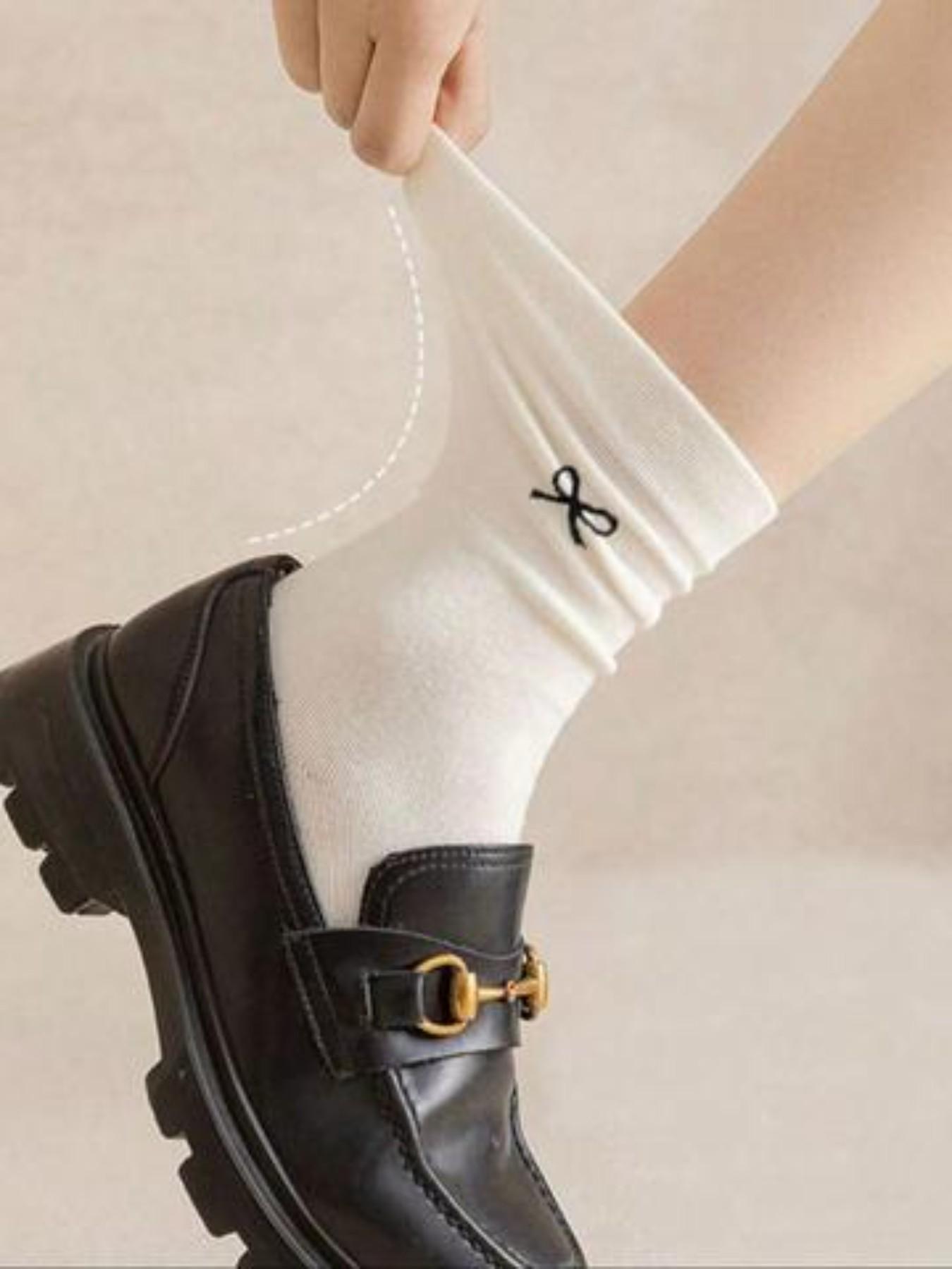 Women's Socks, Pure Color Bow Mid-Calf Socks, Cute and Simple Girl Long Socks, Comfortable and Versatile, Student Socks, All Seasons