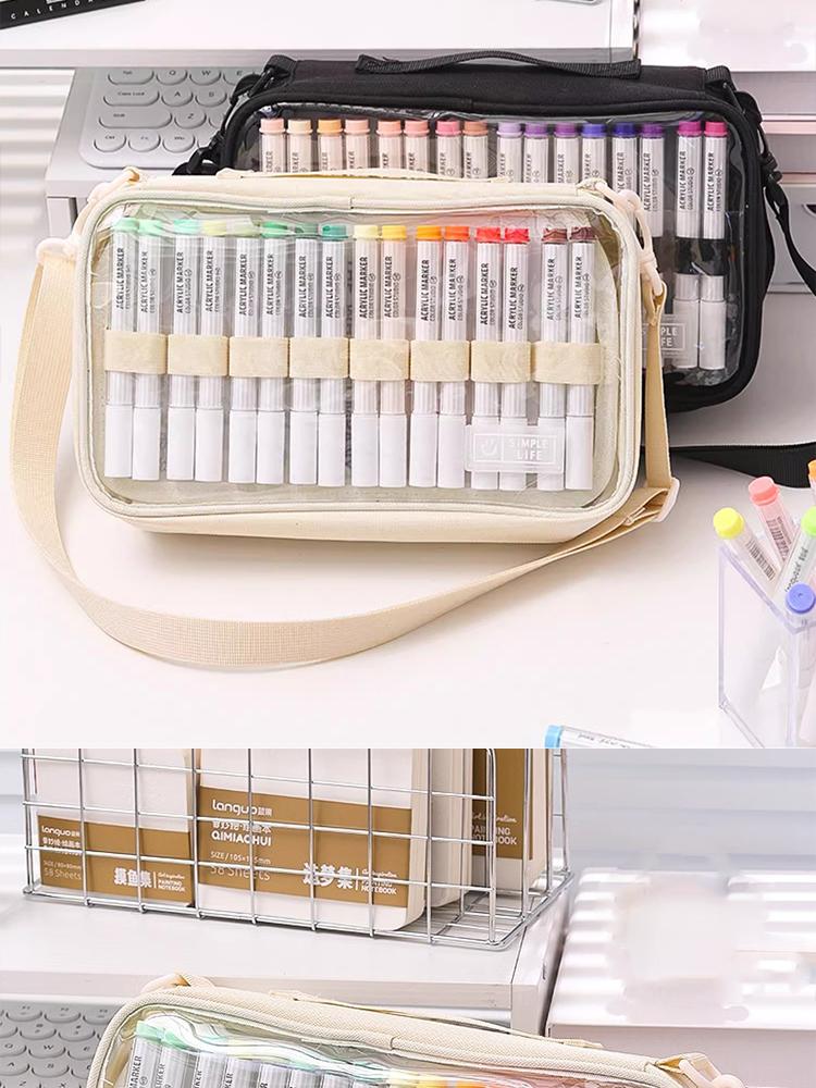 Mark Pen Storage Bag, Multi-Layer Organizer, Large Capacity Holds Up to 64 Mark Pens, Transparent Zippered Pouch with Shoulder Strap