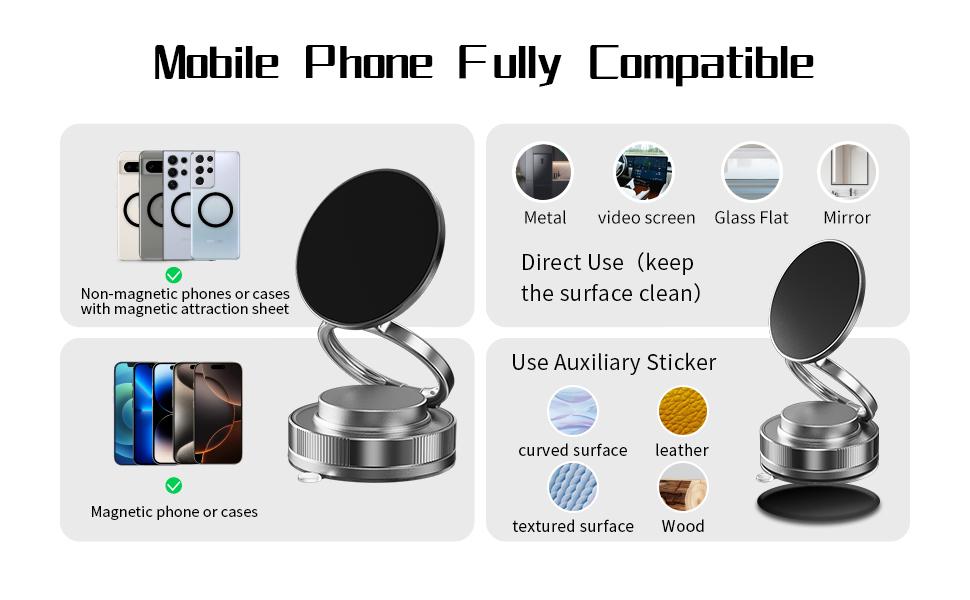 Magnetic Car Phone Holder Compatible with Magsafe, 360 Rotatable Vacuum Suction Cup Car Mount Dashboard, Magnet Cell Phone Holders for Your Car Fit for iPhone 16 Pro Max 16 Pro 16 15 14 13 12 | Any Smarphones