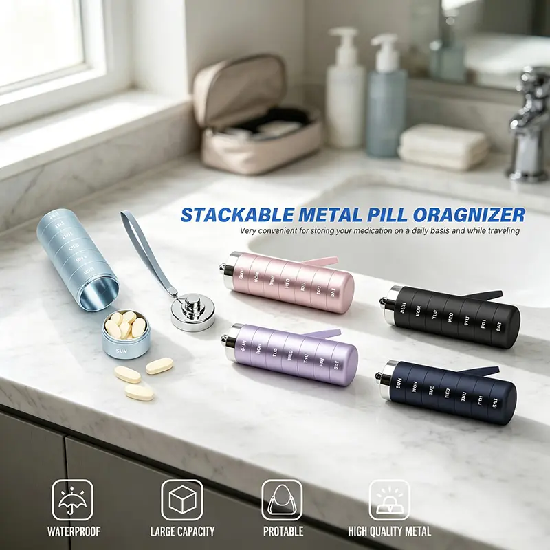Metal Travel Pill Organizer - Portable Medicine Organizer Storage Boxes, 7-Day/4-Times Waterproof Stackable Bins, Large Daily Supplement Dispenser Storage Boxes for Vitamins, Fish Oil