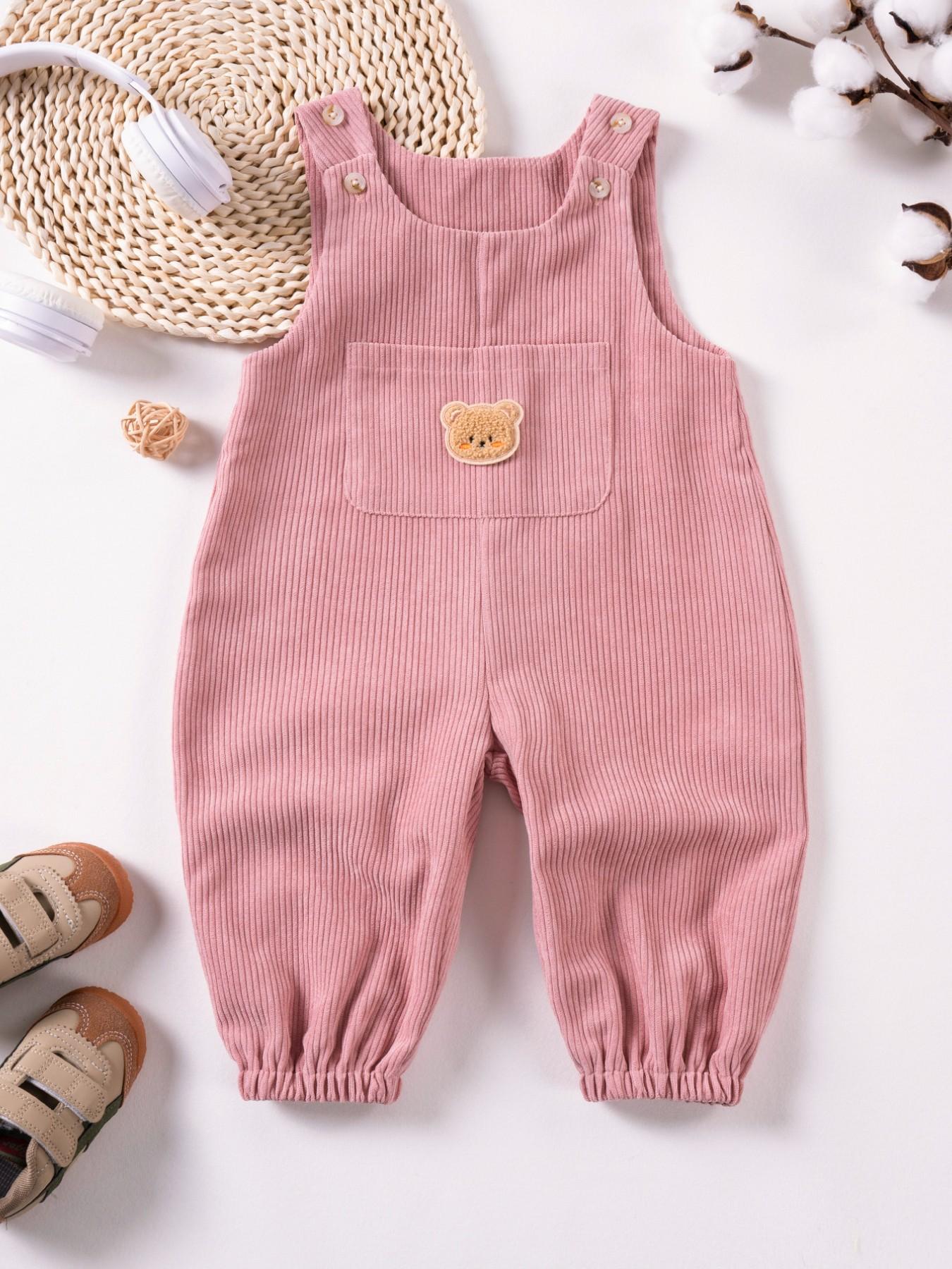 Baby's Plain Overalls with Bear Patch Decor, Casual Soft Comfy Sleeveless Jumpsuit for Summer, Newborn Infant Baby Clothes Girl Kids Clothes for Daily Wear