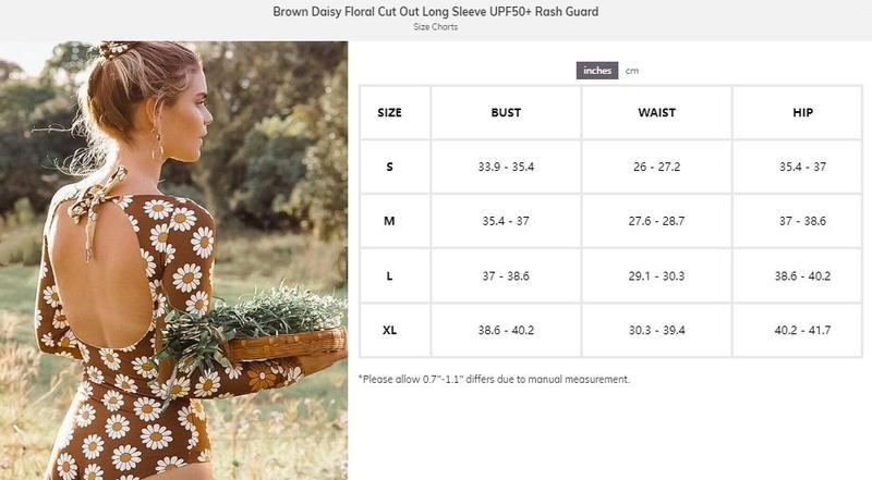 Brown Daisy Floral Cut Out Long Sleeve UPF 50+ Rashguard Sun Protection Beach Water Swimwear Bathing Suits 2024 for Women Summer Tummy Control Swimsuit Summer Beach Holiday suit Swimming Clothing