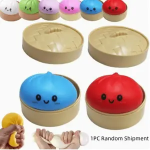 Steamed Bun Squeeze Toy — Giant Glitter Bun, Easter Basket Stuffer, Colorful Stress Ball & Sensory Toy — Squeezable Dough Ball for Stress Relief — Hand Fidget Toy with Steamer Basket — Home Decor & Ornament