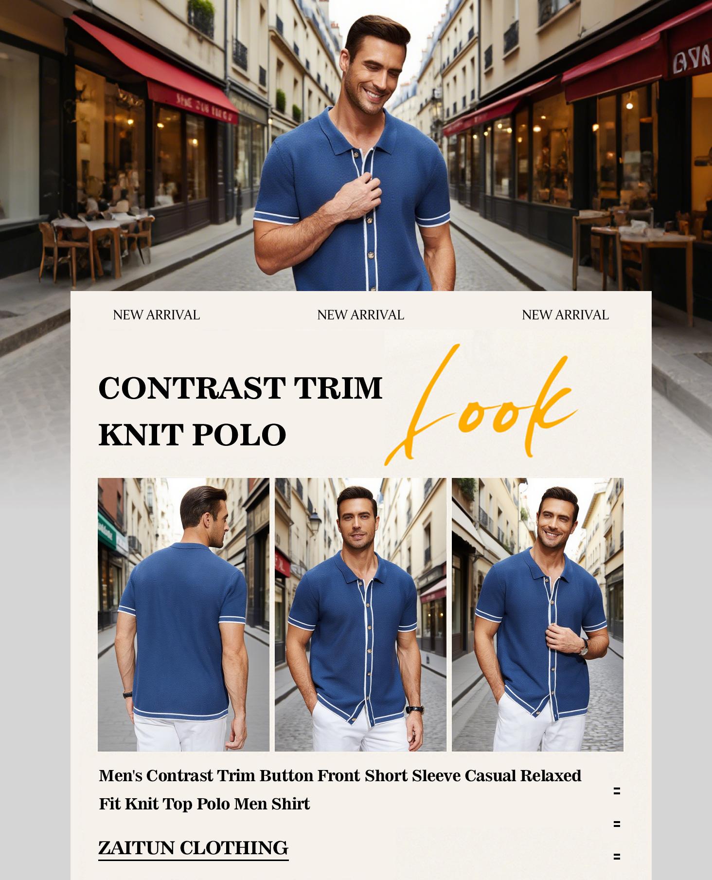 Zaitun Men's Contrast Trim Button Front Short Sleeve Casual Relaxed Fit Knit Top Polo Men Shirt