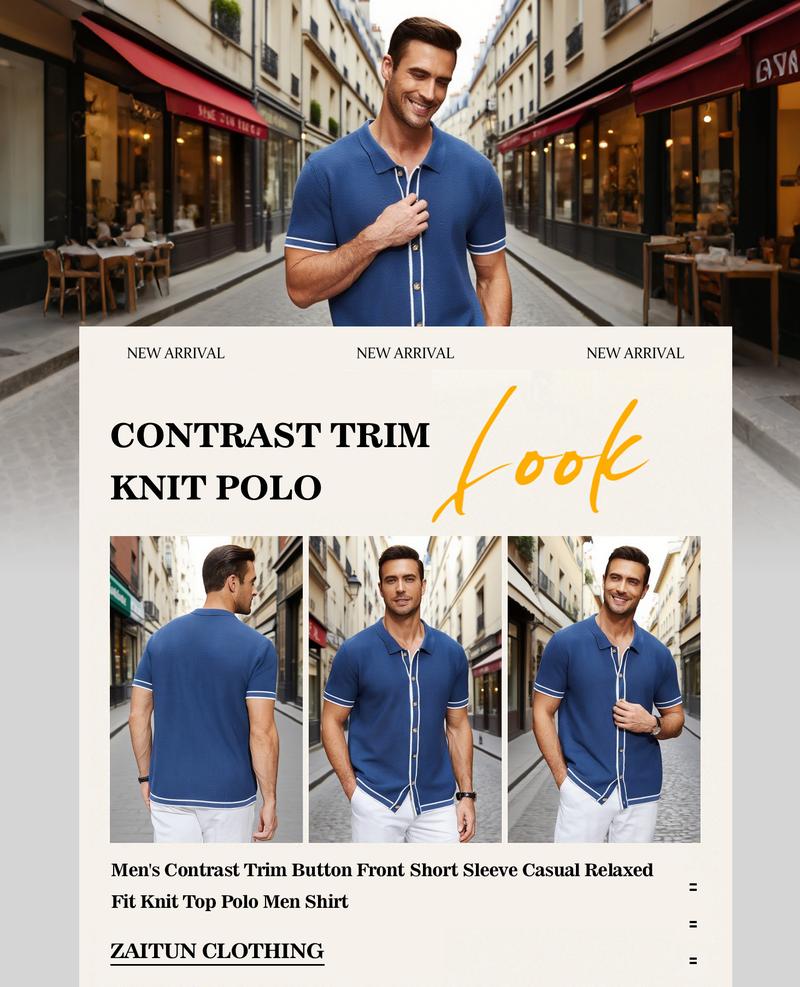 Zaitun Men's Contrast Trim Button Front Short Sleeve Casual Relaxed Fit Knit Top Polo Men Shirt
