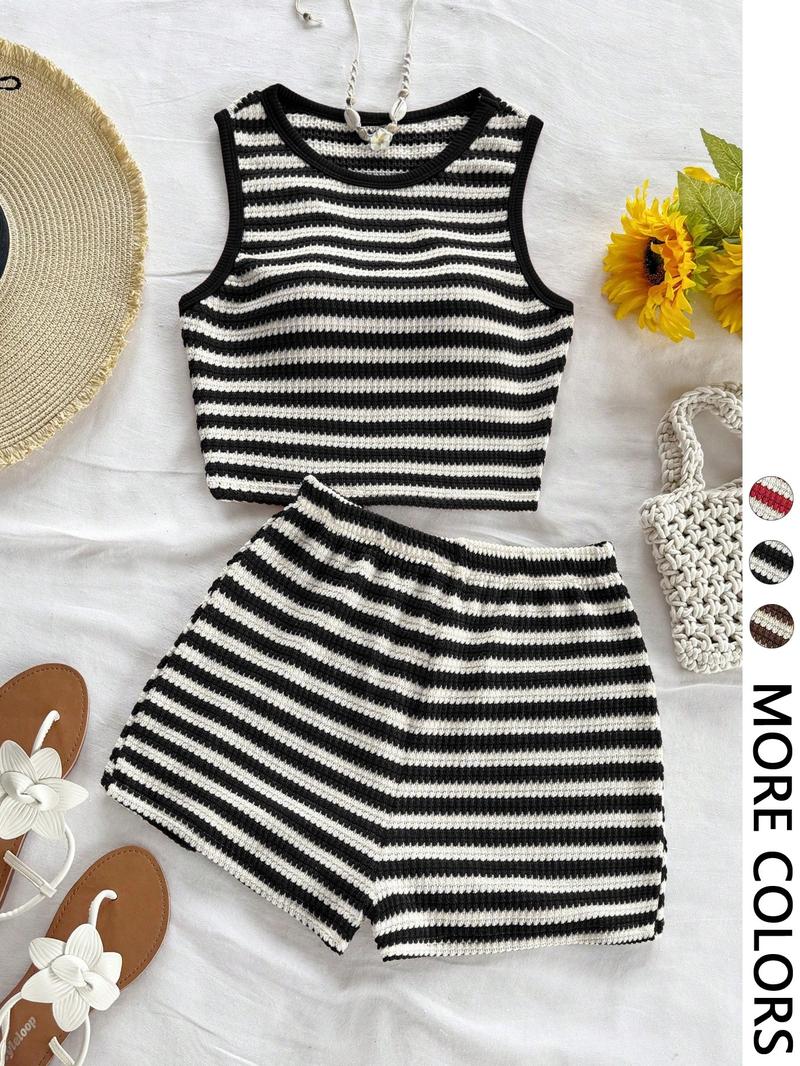 Women's Casual Knitted Striped Backless Short Sleeve Top with Elastic Waist Shorts, Perfect for Vacation Wear, 2 Piece Set