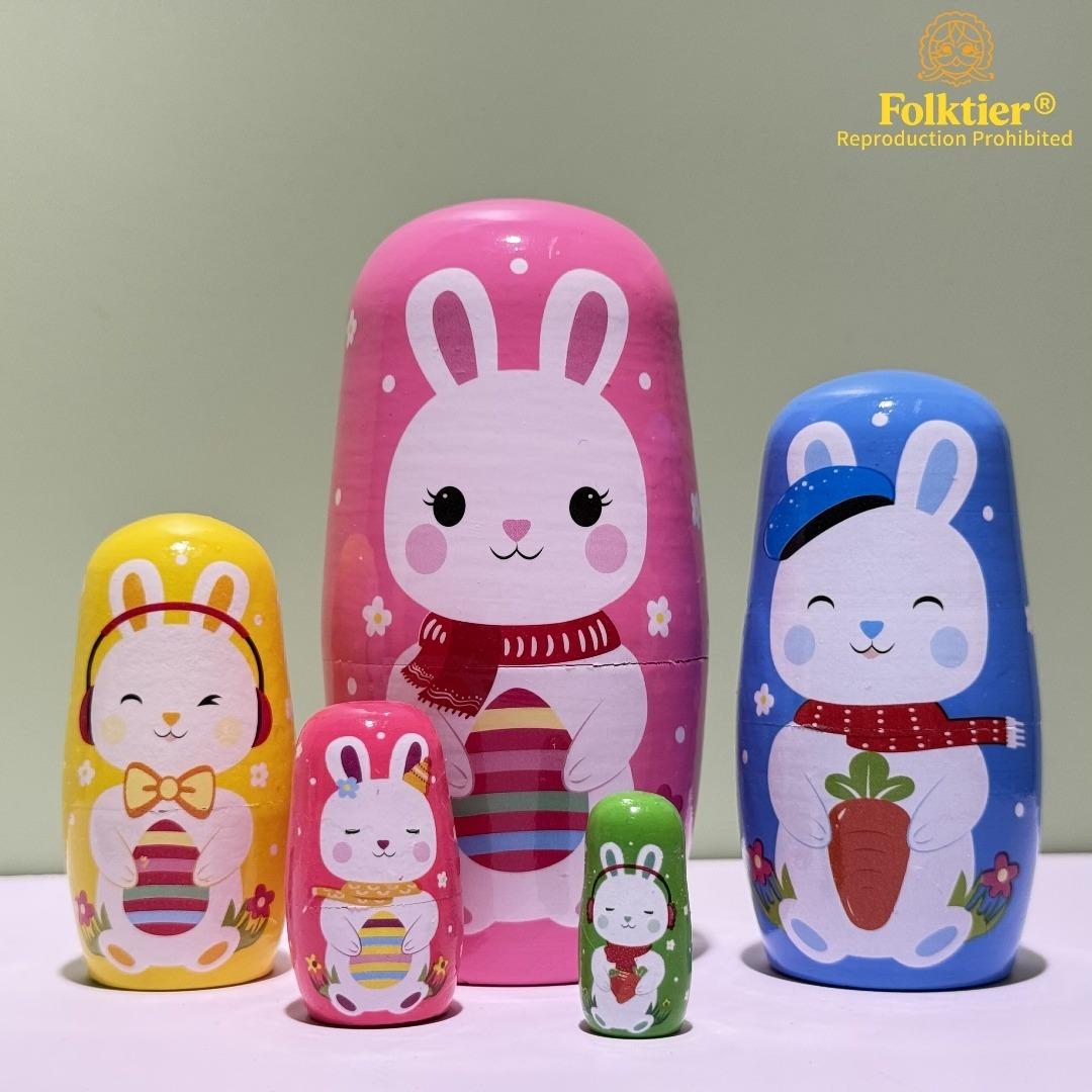 1 Set Russian Nesting Dolls,  Little White Rabbit Matryoshka Dolls, Wooden Educational Toys for Kids, Crafts & Collectible Souvenirs, Ideal Gifts for Christmas Halloween Easter Thanksgiving Valentine's Day Ramadan New Year Birthday Party Wedding.