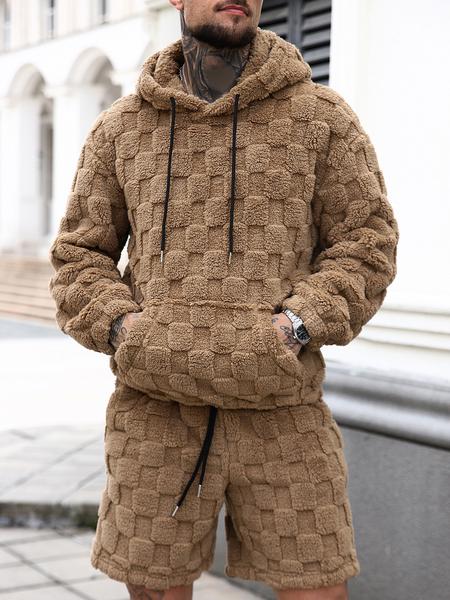 Men's Casual Two-Piece Set, Long Sleeve Hooded Sweatshirt & Shorts, Fashionable Plaid Texture Fabric, All Seasons Wear