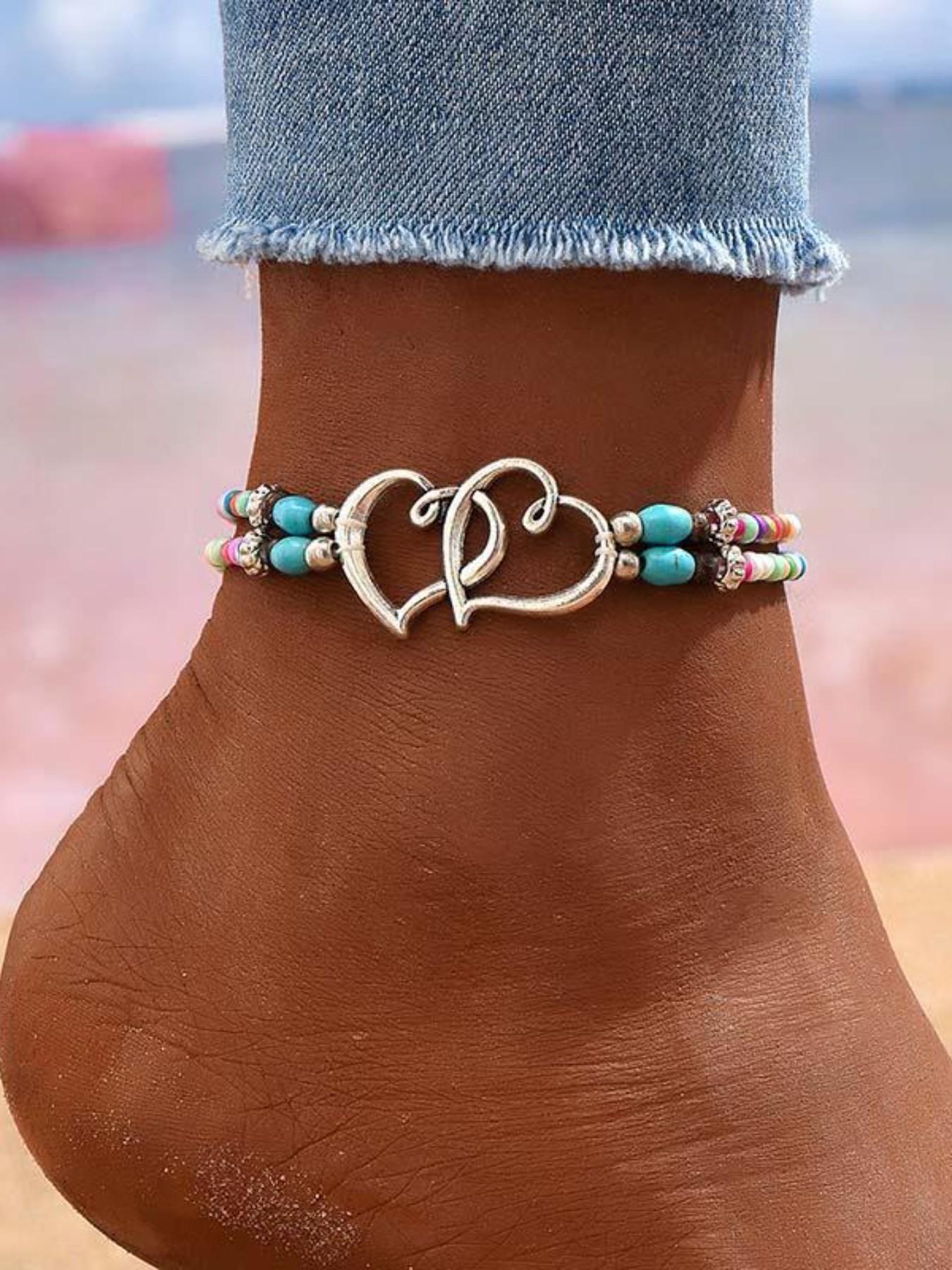 3Pcs Set Fashion Women Bohemia Beaded Heart Charms Multi-layer Anklet, Exquisite Boho Chic Double-Layer Beaded Heart Anklet, Perfect for Summer Vacation, Beach Wedding, Party Jewelry Gift