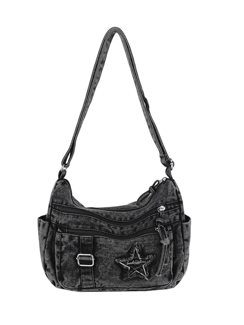 Fashion trend casual Joker shoulder messenger bag, Denim messenger bag, niche design retro wash jeans craft commuter shoulder messenger bag, personality versatile  multi-zipper design suitable for student ， shopping， trips and so on.