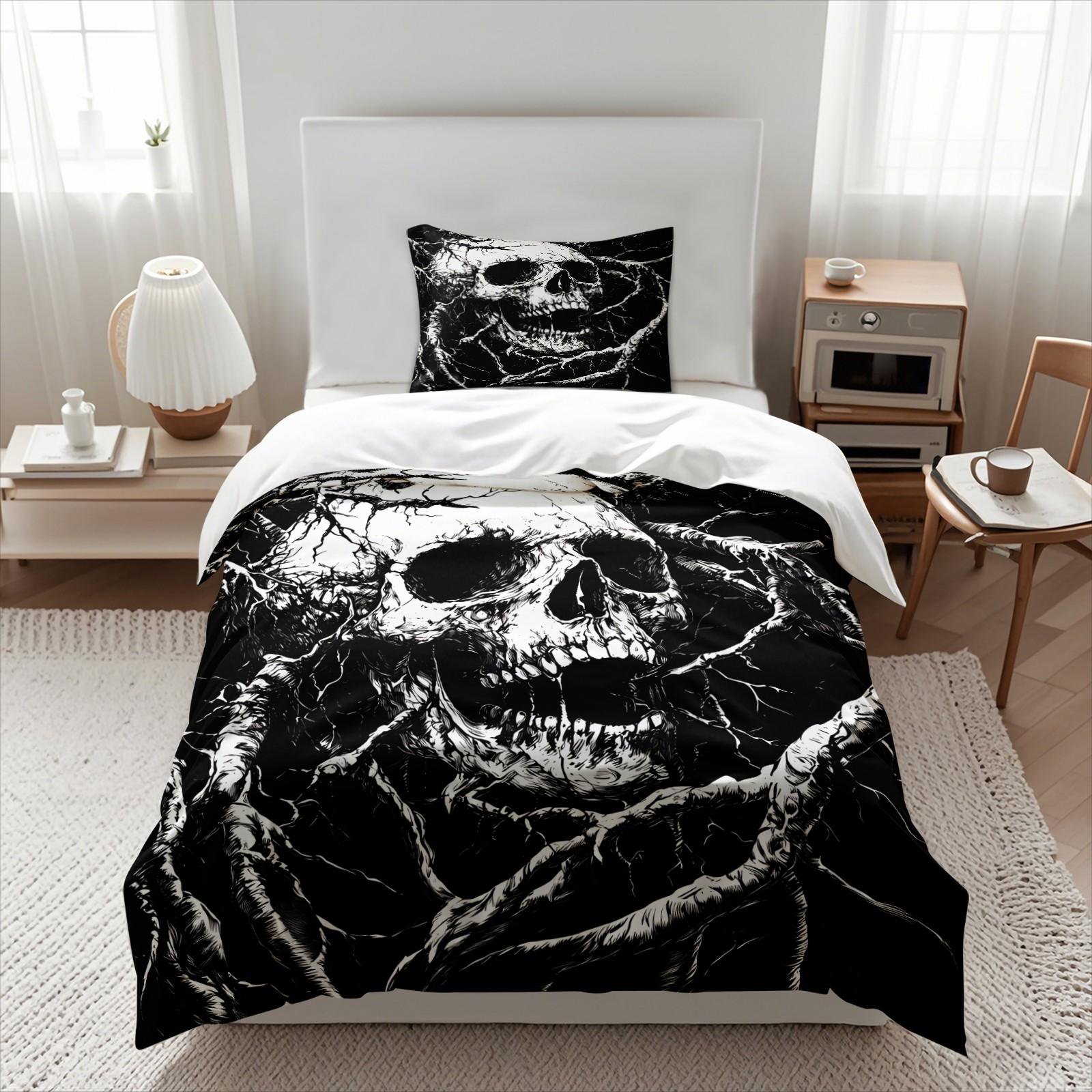 Black White Horror Skull Decorative Duvet Cover Set 3 Pieces No Filler, 1 Duvet Cover + 1-2 Coreless Pillowcases, Vintage Twisted Root Skeleton Print, Breathable Soft Comfy Dark Gothic Bedroom Bedding