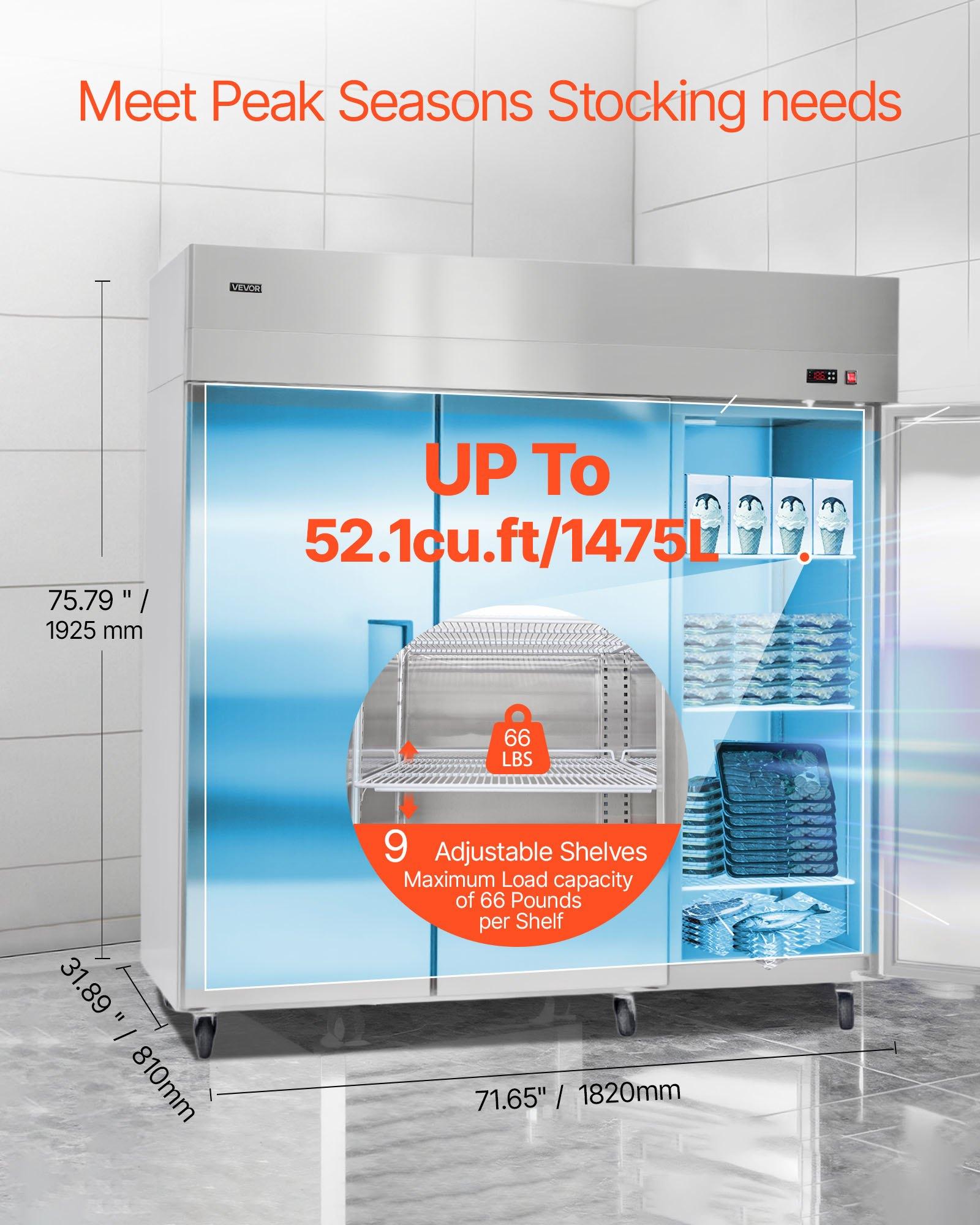 VEVOR Commercial Freezer, 71.65 in Width Reach In Upright-Freezer Three Door, 50.2 Cu. ft Auto-Defrost Stainless Steel Freezer with 12 Adjustable Shelves, -11 to 14 Temp Control, LED Light, 4 Wheels