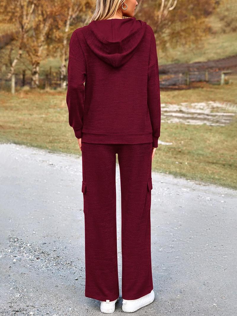 2026 Womens Fall Outfit 2-Piece Knitted SetsHoodie Tracksuits Wide Leg Pants With Pocket AndDrawString Long Sleeve Hooded Kangoroo Pocket TopsKnitwear Sporty Loungwear, Womenswear Travel Outfit