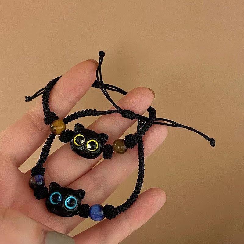 Ancient-Style Woven Cord Kitten Motif Bracelet - Cute Black Kitten Design, Adjustable Size, Bowknot Accent, Unisex Wear, Gift Ideas for Friends or Couples