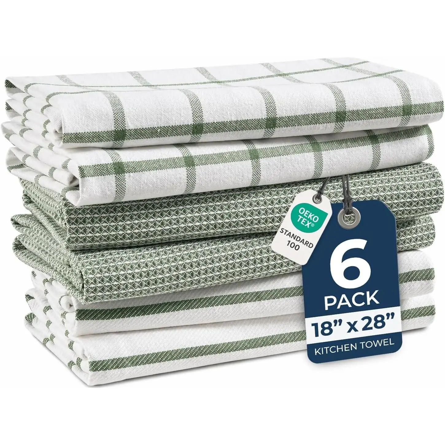 Cotton Kitchen Towels Set, 6-Pack – Absorbent, Quick-Drying Dish Towels, 18" x 28", Premium Hand and Tea Towels - Olive