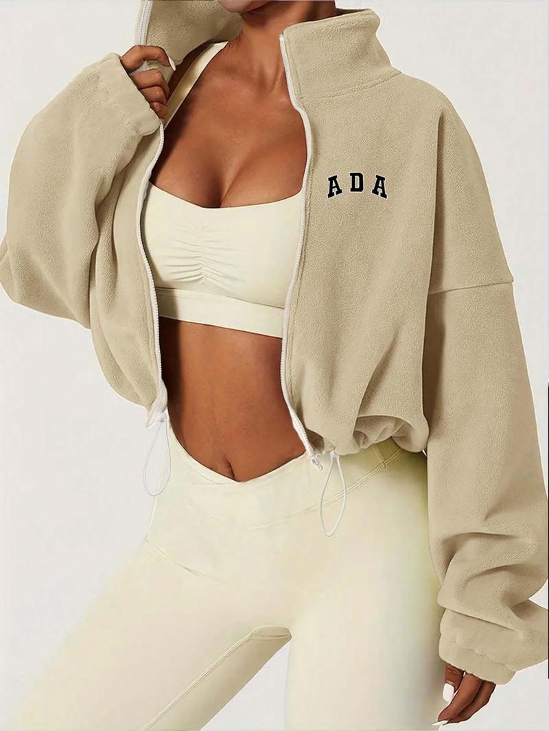 Women's Cropped Zip-Up Jacket - Fleece Casual Top with 'ADA' Print for Daily & Leisure. Adjustable Drawstring Waist Jacket in Navy/Beige/Black Winter Fashion Clothing Women's Cropped Zip-Up Jacket - Fleece Casual Top with 'ADA' Print for Daily & Leisure. Adjustable Drawstring Waist Jacket in Navy/Beige/Black Winter Fashion Clothing