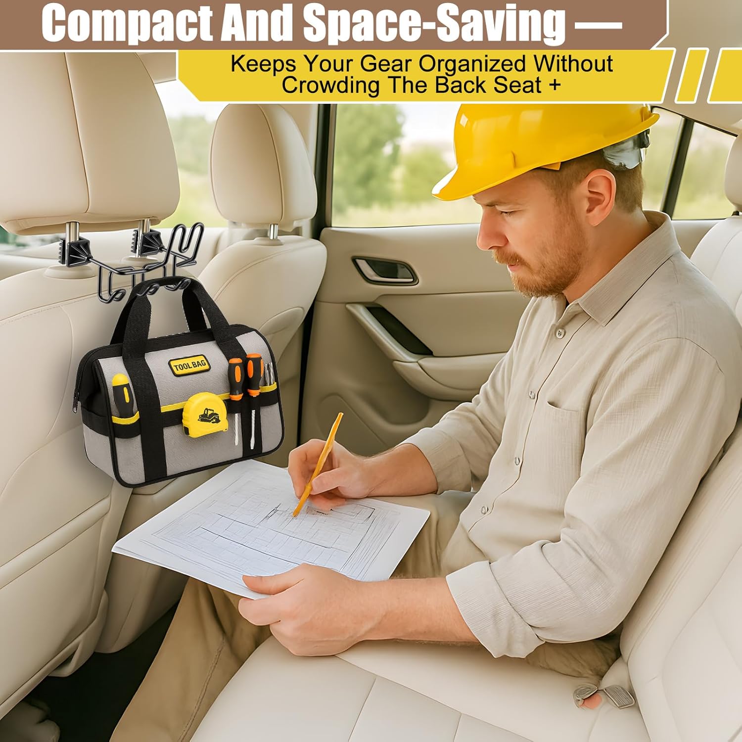 Black Headrest Hard Hat Holder Mounting Rack for Trucks/Cars - Steel Frame, Rubber Coated Triple Hooks, 1-Piece Safety Gear Organizer for Safety Helmets,Caps,Jackets,Tool Bags,Tools - Patent Pending Accessory