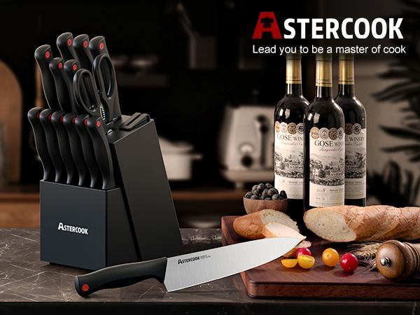 Astercook Kitchen Knife Set, German High Carbon Steel, Serrated Blades, Built-in Sharpener, Chef, Steak, Bread Knives, Scissors. Premium Black Block