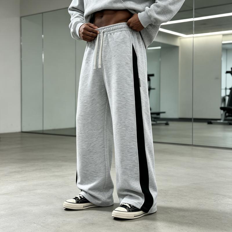 Men's Work Pants, Fashionable, Linen Gray Wide Leg Sports Pants with Elastic Waist and Beige Contrasting Drawstring, Black Long Stripe Design, Soft Knitted Fabric, Loose Pants, Suitable for Streetwear and Daily Gym Wea