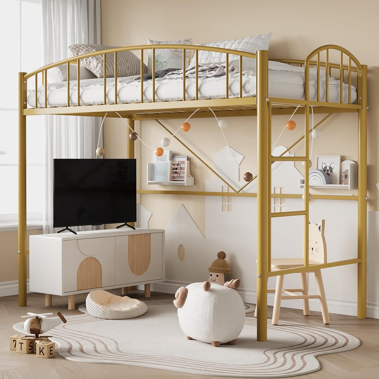 Loft Bed Twin Size, Heavy Duty Metal Loft Bed Frame with Arched Guardrail and Safety Ladder, Space-Saving, No Box Spring Needed