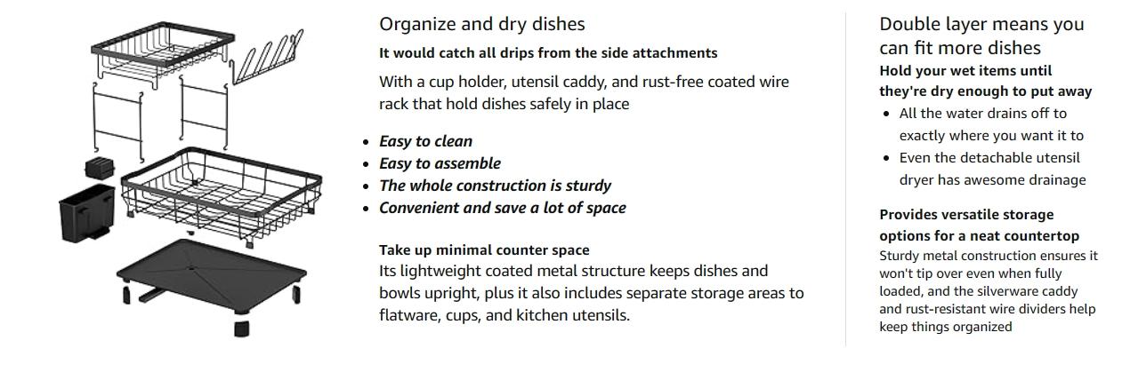 2-layer dish drying rack, kitchen counter space saving dish rack, dish drain drying rack with drip board, utensil rack, cup rack, tray rack and automatic drainage board, black Bowl Organiser