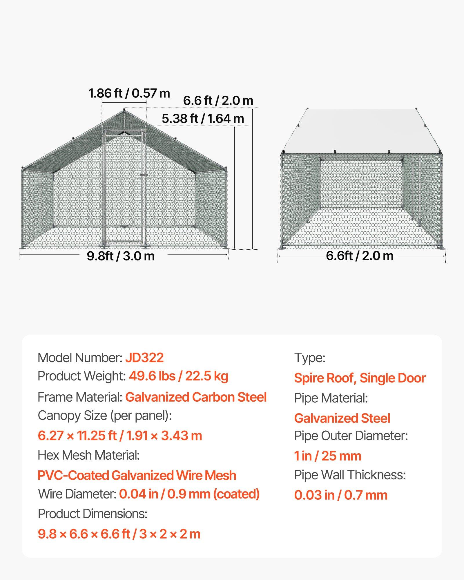 fathersdaygift  VEVOR Metal Chicken Coop, 9.8x6.5x6.5ft Large Walk-in Chicken Runs with Cover, Spire Roof Hen House Enclosure with Security Lock, Outdoor Duck Rabbit Cage Poultry Pen for Backyard, Farm, Yard