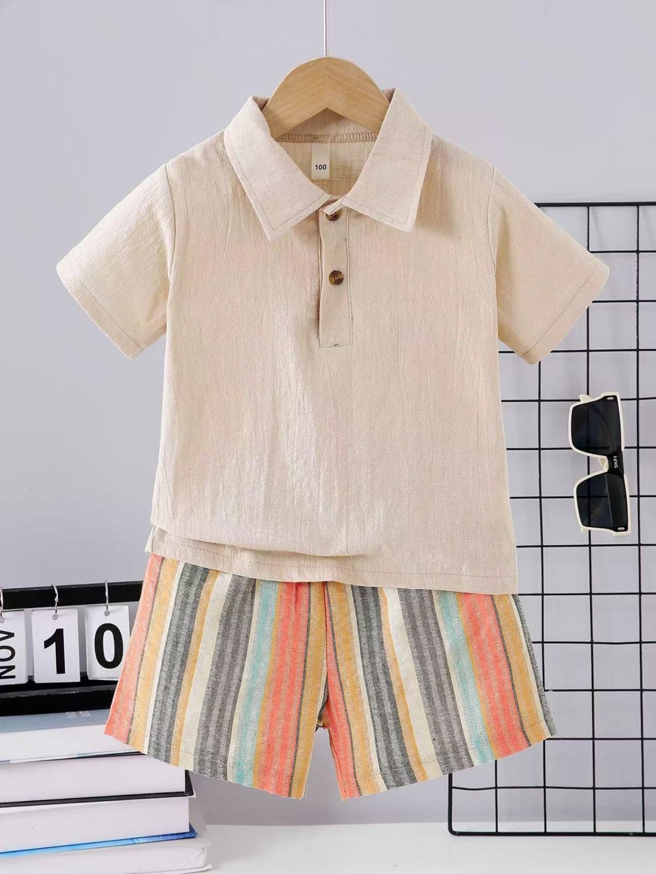 Boys' Summer New Solid Color Collar Button Polo Shirt, Short Sleeve Colorful Vertical Stripes, Casual Outdoor Wear, 2 Pieces Set