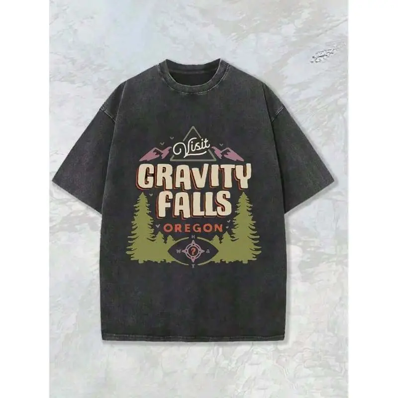 Retro Effect, Gravity Falls Welcome To Gravity Falls Logo Graphic Adult Men's T-Shirt,230g Washed T-Shirt, Summer Cotton Streetwear Top T-Shirt