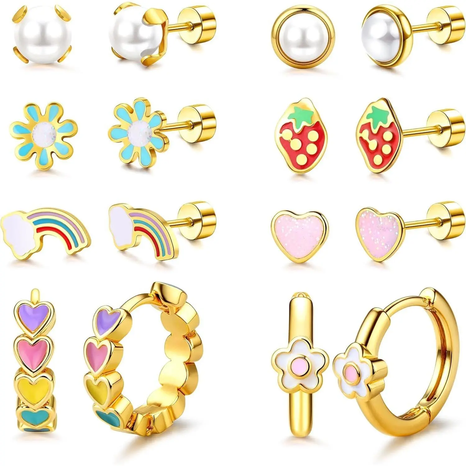 CASSIECA 316 Surgical Steel Hypoallergenic Earrings Set Cute Small Daisy Hoops, Heart Strawberry Rainbow Pearl Flat Back Ear Studs, Metal Coated for Daily Wear & (For Sensitive Ears), Flat Back Earrings Sohochic