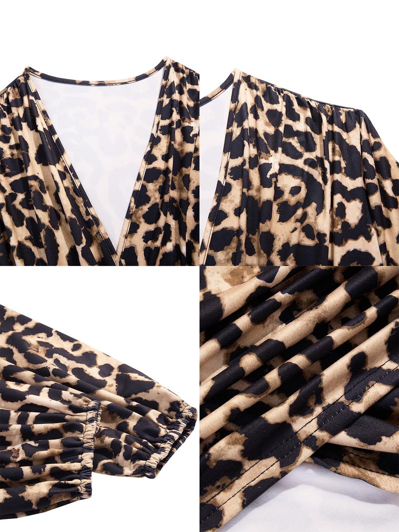 Plus Size Christmas Women's Clothing Women's Leopard Print Dress, Elegant Classy Flattering Slim Fit High-Waisted Long Sleeve Mini Dress, Fall & Winter Fashion, Plus Size V-Neck Cocktail Party Wear