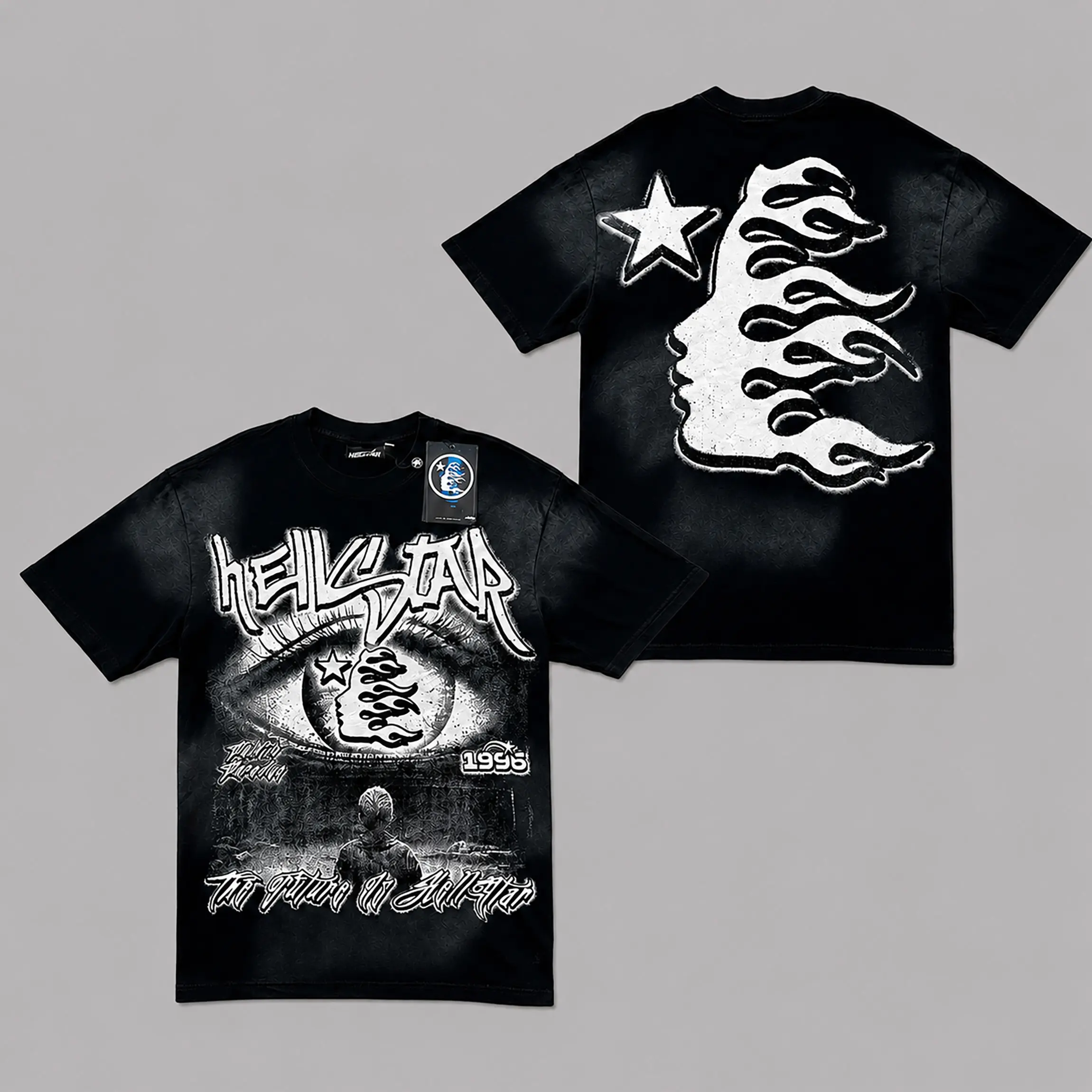 Hellstar Star Flame Face Graphic T Shirt Heavyweight Cotton Vintage Washed Oversized Short Sleeve Tee Y2K Hip Hop Streetwear Grunge Retro Aesthetic Summer Casual Everyday Outfit Men Women Unisex Menswear Top