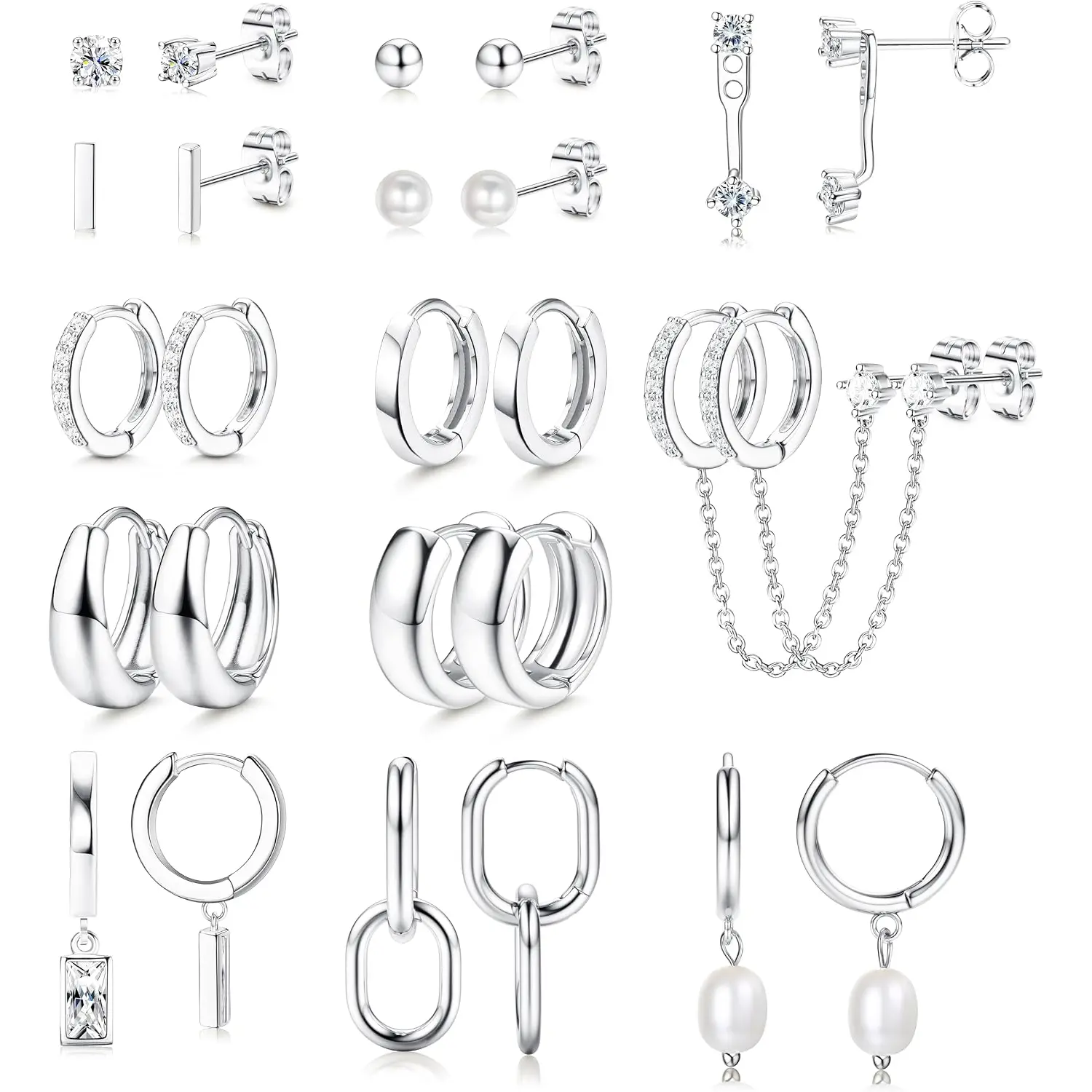 FIASASO 13 Pairs Small Stud Hoop Earrings Set for Women, Gold Earrings Pack| Hypoallergenic Surgical Steel, 14K Plated Gold, Dainty Huggie Hoops Pearl Dangle Earrings, Lightweight Non Tarnish Jewelry