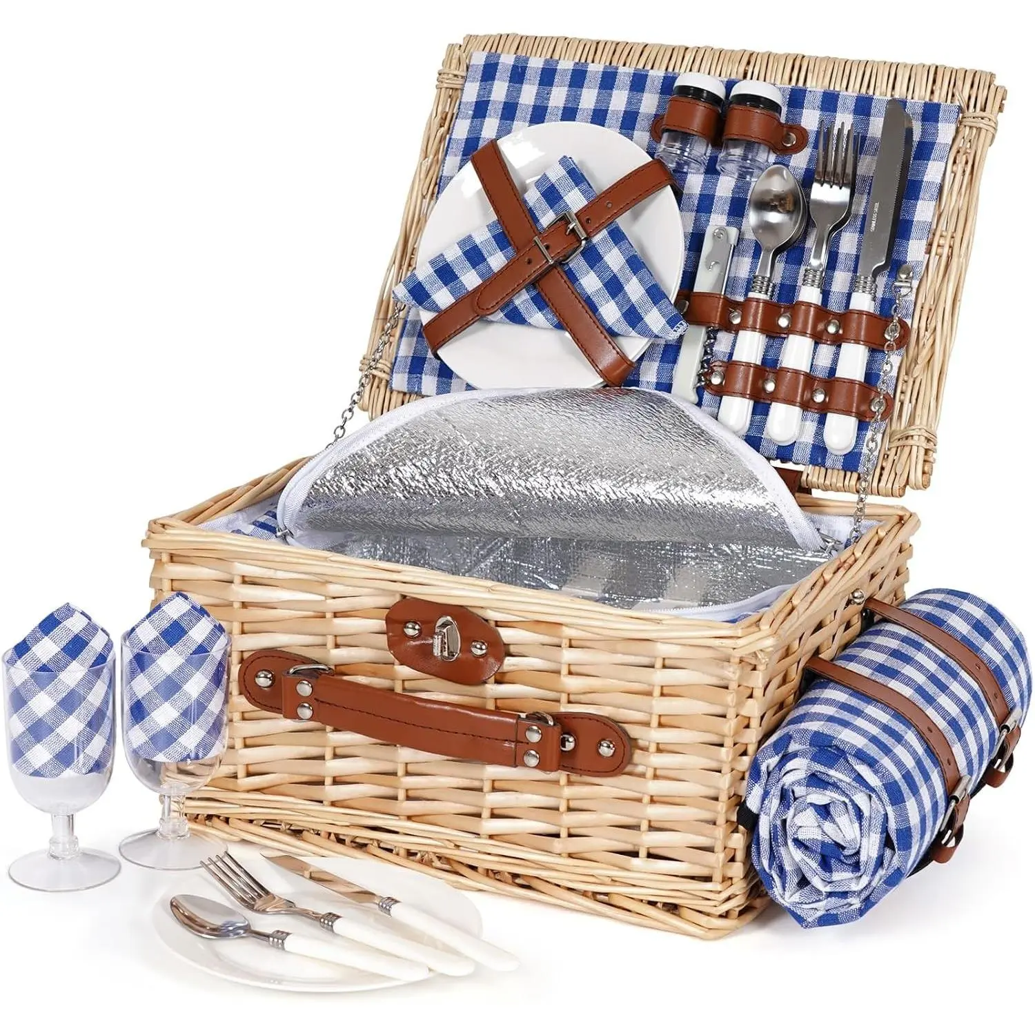 Wicker Picnic Basket Set for 2 with Waterproof Blanket & Insulated Liner, Large Handmade Willow Hamper with Cutlery Kit for Outdoor Picnic Camping Party Holidays (Blue)
