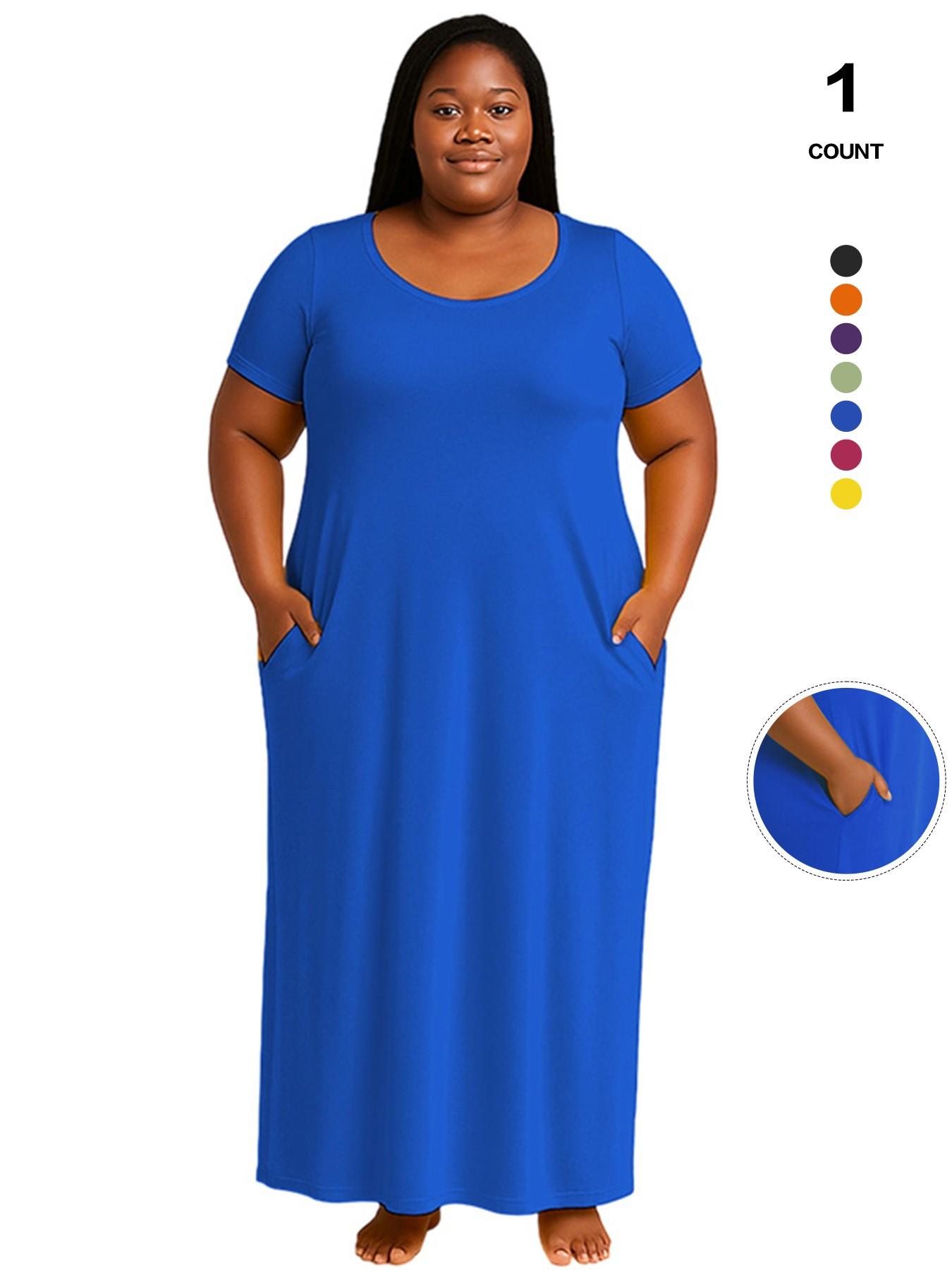 Plus Size Women's Solid Color Dress, Sexy Round Neck Short-Sleeved Long Dress, European and American Summer New Arrival, Casual Style
