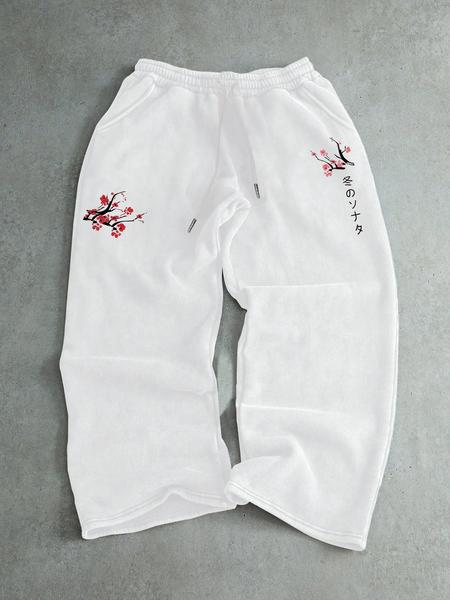 Men's Cherry Blossom Embroidery Sweatpants, Floral Print Sweatpants, Regular Fit Casual Comfy Jogger Pants for Spring & Fall, Men's Trousers for Daily Wear