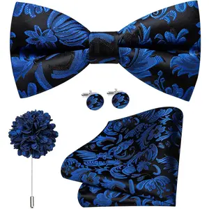 Mens Pre-tied Black Royal Blue Bow Tie Set Paisley Floral Adjustable Bowties Lapel Pin for Men Handkerchief Cufflinks Wedding