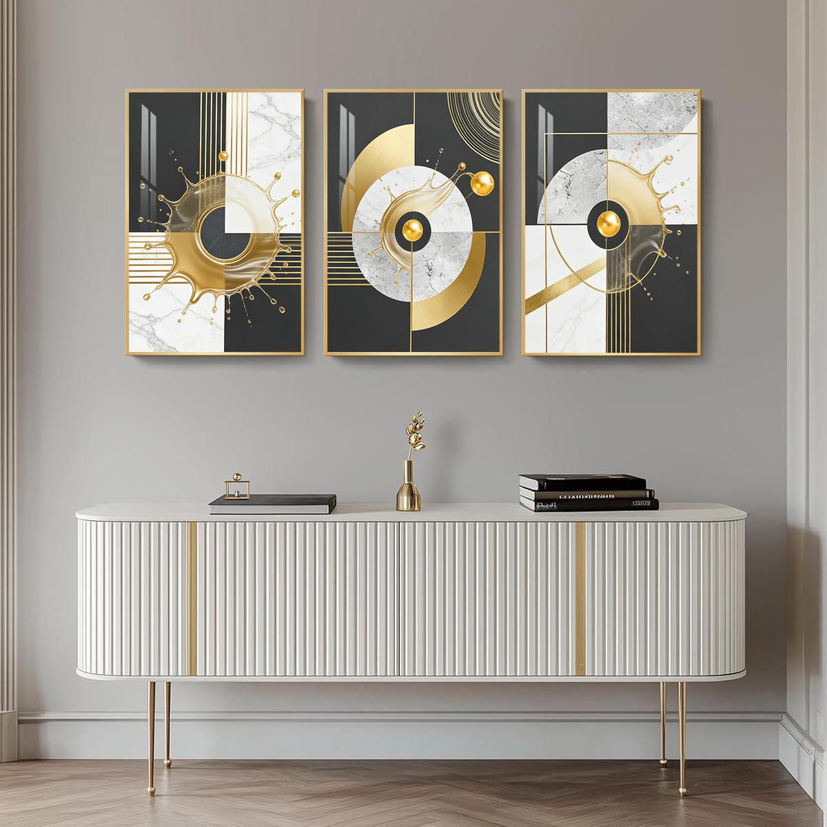 3 Counts Aluminum Alloy Framed Painting, Abstract Golden Splash Geometric Art Pictures, Home Decoration For Living Room, Bedroom, Office, Restaurant, Hallway Wall Decor, Odorless Print Artwork, Luxury Perfect Gift For Friends And Family