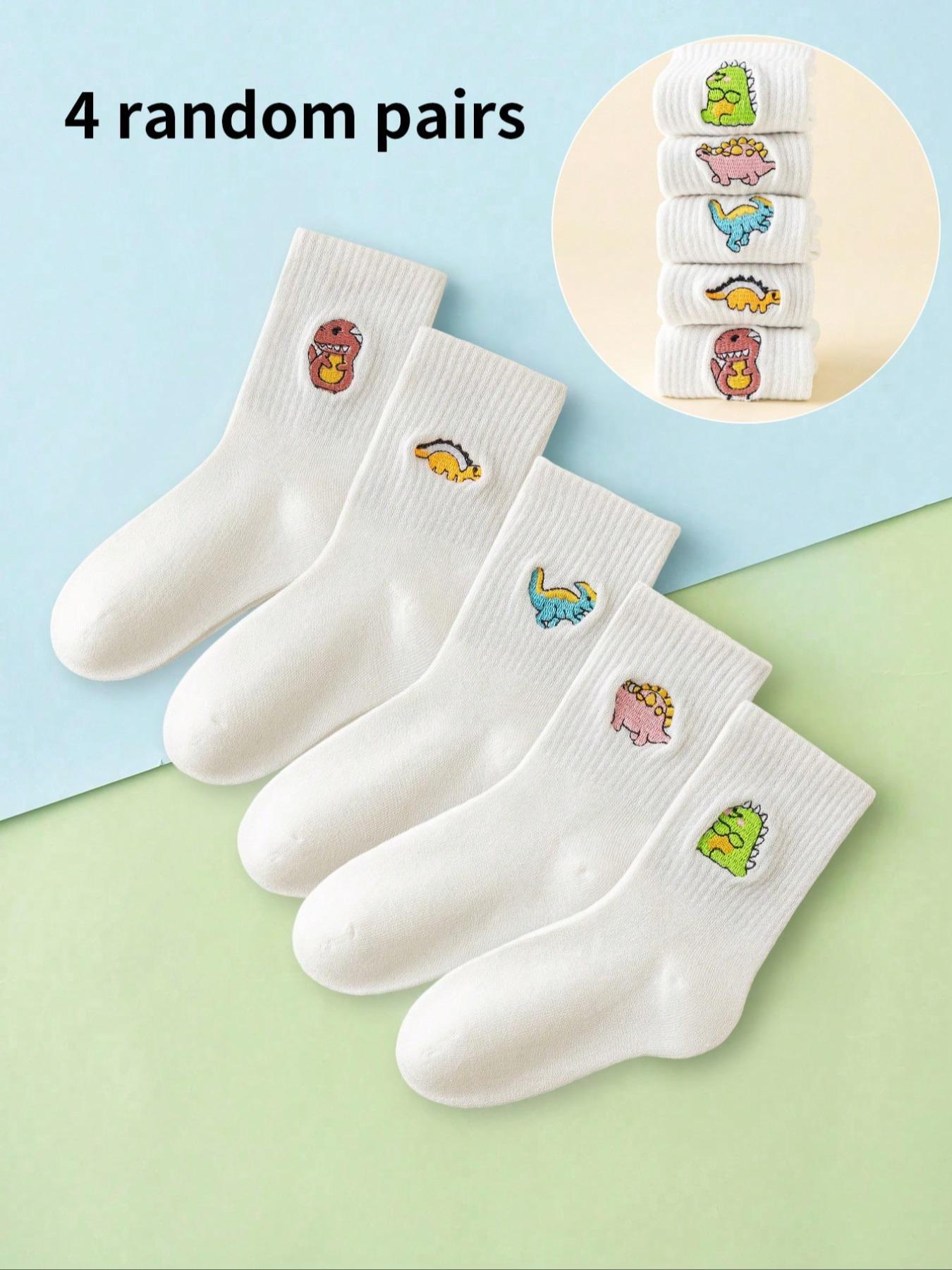 4 Pairs Kids Socks Cartoon Dinosaur Design, Unisex Mid-Calf Socks for Boys & Girls, Casual All-Season Wear, Random Colors