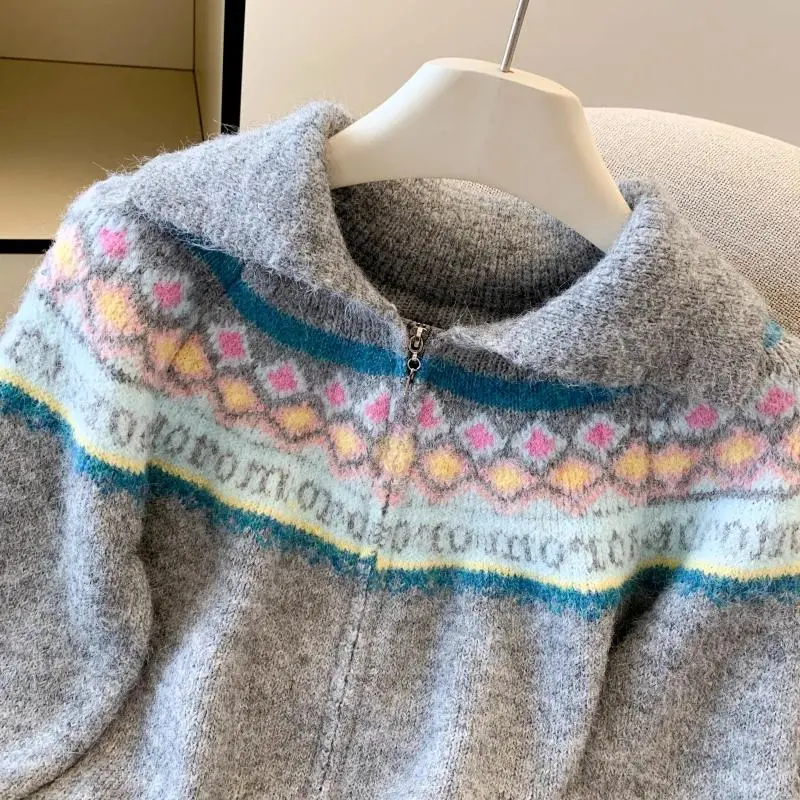 Women Fairisle Sweater Zip-up Fair Isle Cardigan Cute Pink Zipper Front Collared Sweater Knit Jacket Teen-girl Fall Winter