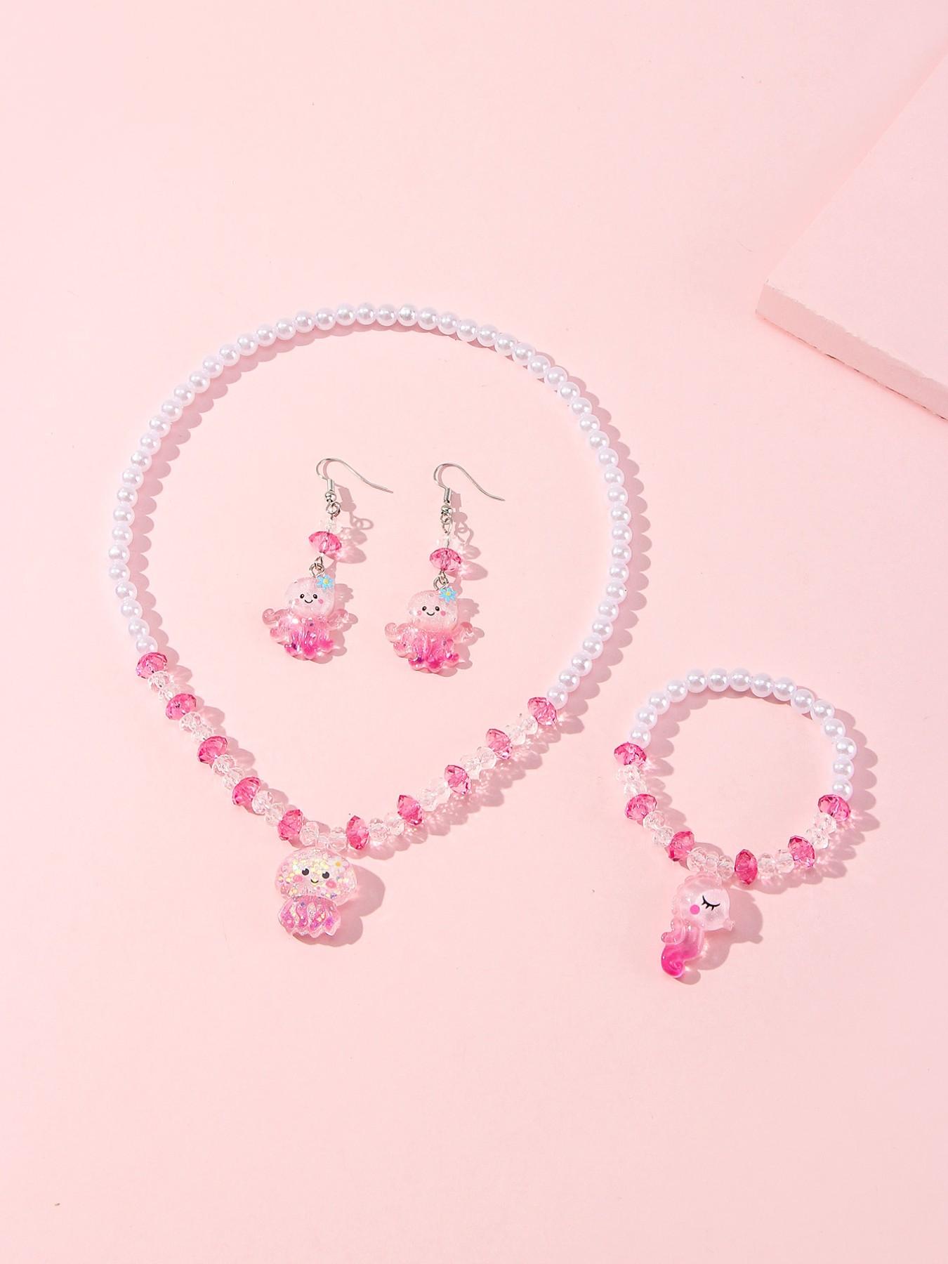 4pcs/set Acrylic Ocean Animal Pendant Pearl Bead Necklace Bracelet Set, Cute Butterfly Pattern, All Seasons, Perfect Gift for Girls